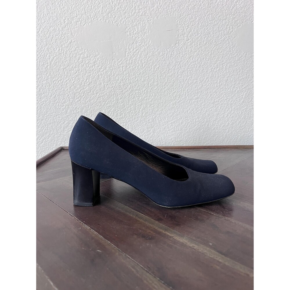 Vintage 90s Navy Blue Square Toe Minimalist Block Heels Shoes, Womens Size 6.5B
